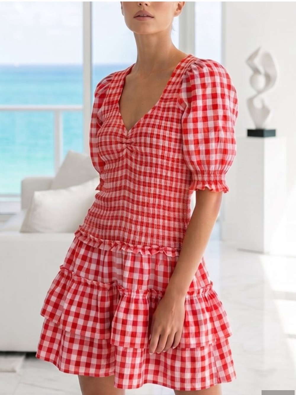 NWT Caroline Constas Gingham Red & Pink 100% Cotton Dress